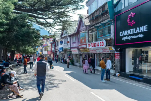 Mall Road with glowing shop lights and the lake beside it.