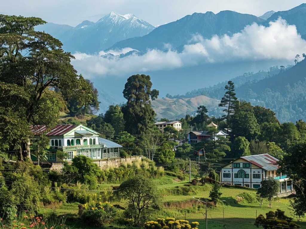 "Serene Himalayan village in Uttarakhand—green forests, traditional houses, and snow-capped peaks near Nainital"
