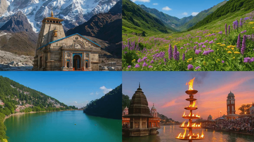 Top tourist destinations in Uttarakhand including Nainital, Rishikesh, Mussoorie, and Jim Corbett – scenic view collage.