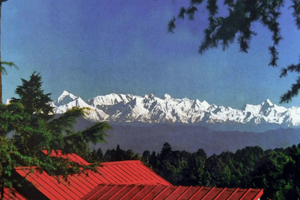 Scenic Himalayan view from Ranikhet with snow-capped peaks and lush green valleys.