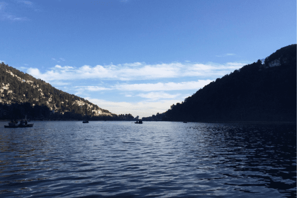 Nainital Lake with surrounding hills, mountains, floating clouds
