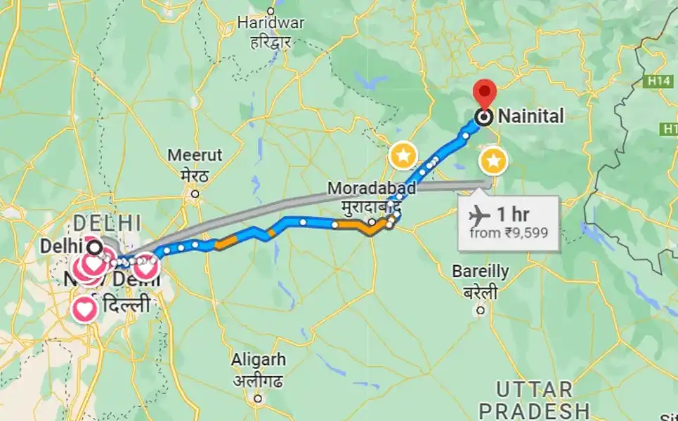 Map of routes from Delhi/Dehradun to Nainital.