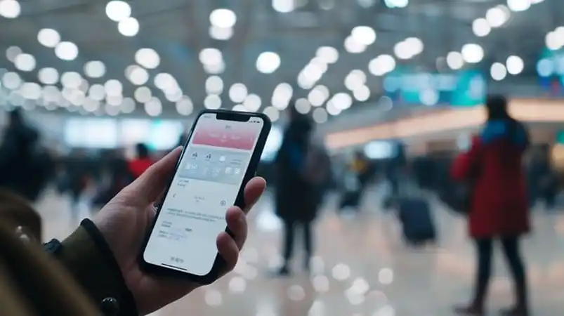 Traveller checking mobile phone flight status at airport lounge.