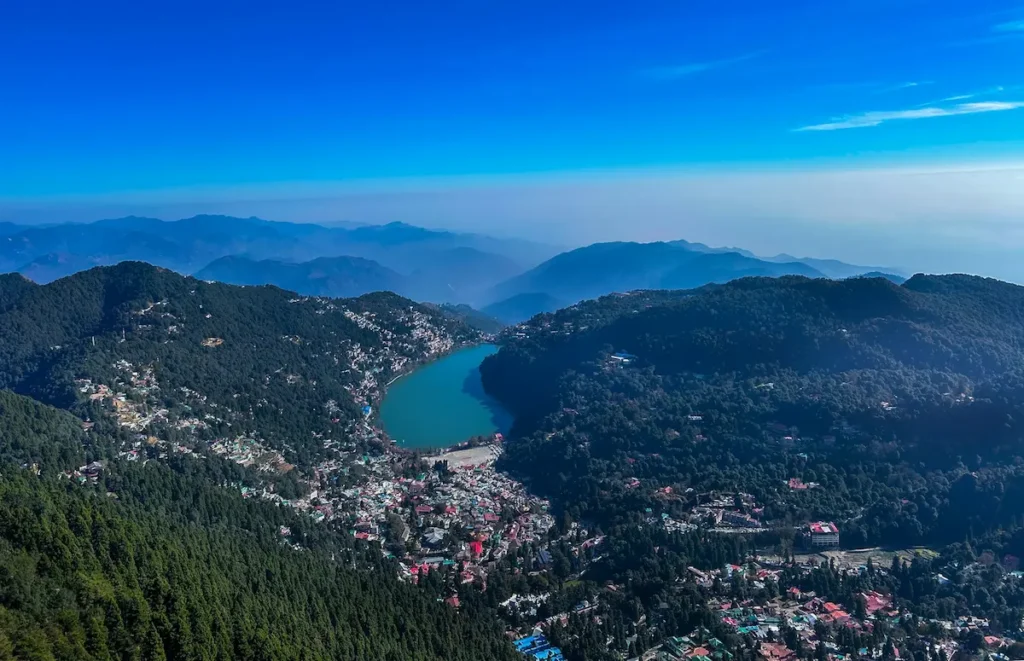 Aerial view of Nainital lake and hills showing weather conditions in Nainital