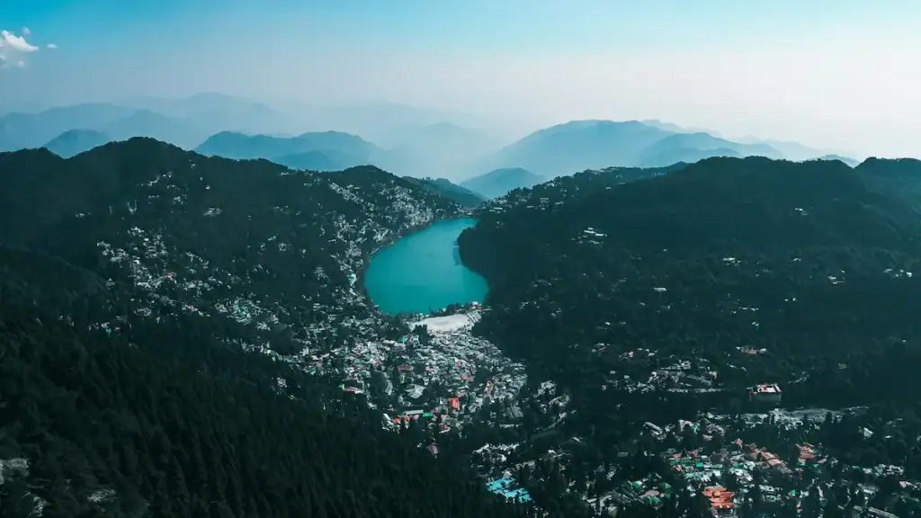 Nainital Weather in August 2026 with aerial view of Naini Lake, lush green hills and monsoon clouds