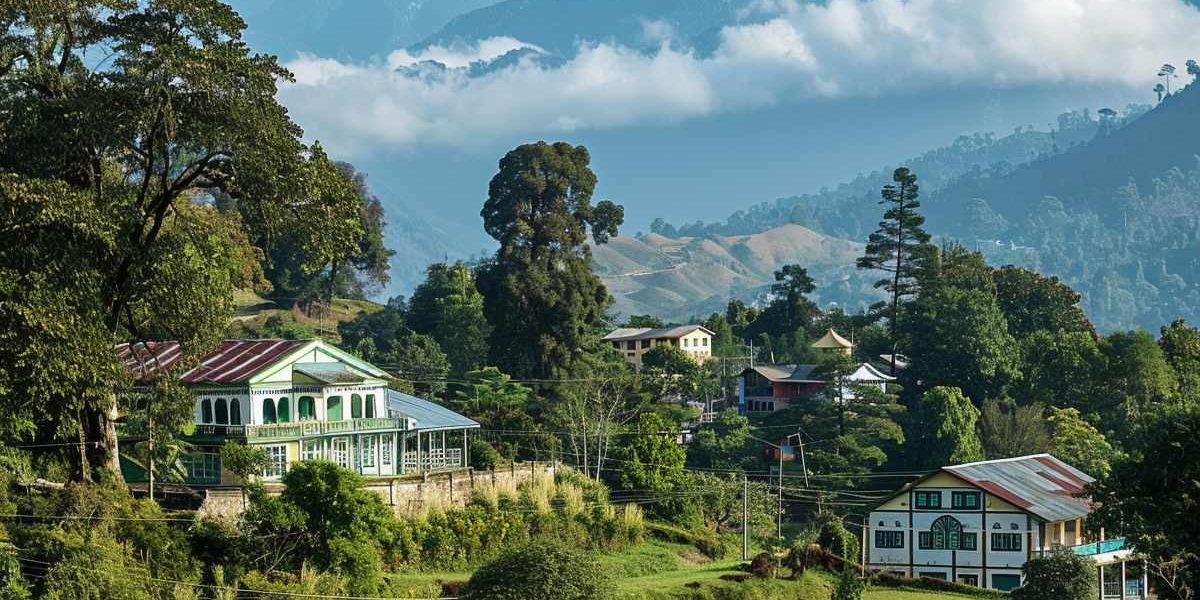 "Serene Himalayan village in Uttarakhand—green forests, traditional houses, and snow-capped peaks near Nainital"